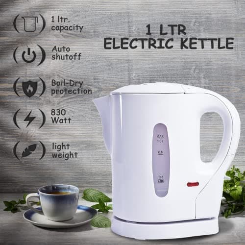 Crystals Cordless Small Plastic Electric Kettle, 1 Litre 830W Low Wattage Kettle for Bedroom Travel Camping Office, Portable Lightweight Water Tea Kettle, White/Grey — view 3