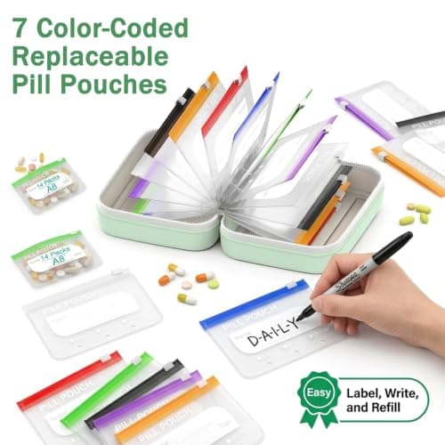 ADASTONE Waterproof Pill Organiser Silicone Medicine Bag with 14 EVA Pill Pouches Transparent Colorful Zipper Design Portable Medication Storage Case for Travel Fish Oils and Everyday Health Care — view 3