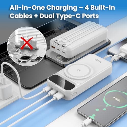 Bridje Magnetic Power Bank 20000mAh Wireless & Wired Portable Charger with 3 Built-In Cables, LCD Display, 22.5W Fast Charging for iPhone, Android Phones, Tablets & USB-C Devices – White — view 4