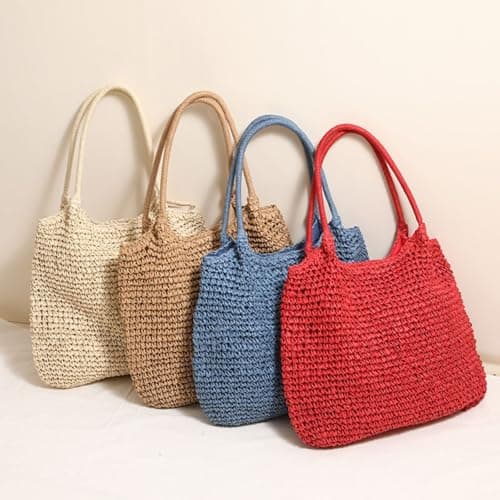 Beach Bags for Women Summer Travel Tote Shoulder Bag Straw Knitted Fashion Handbags (Red) — view 3