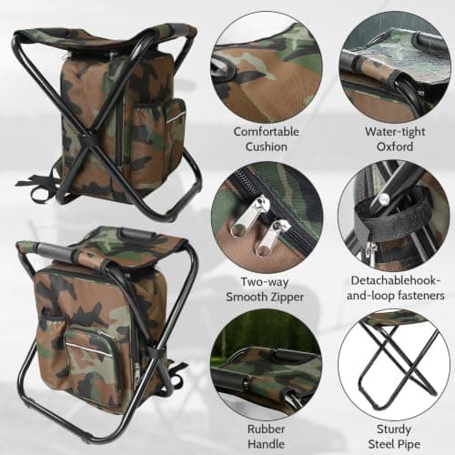 Storystore Foldable Camping Chair Stool Backpack with Cooler Insulated Picnic Bag, Detachable Portable Hiking Seat Table Bag for Outdoor Indoor Fishing Travel Beach BBQ (Camouflage) — view 3