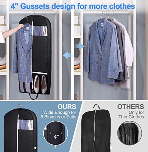 MISSLO 43" Gusseted Garment Bag Cover Breathable Suit Bag for Men Women Travel Hanging Dress Clothes Carrier with Two Mesh Storage Pockets, Black — view 3