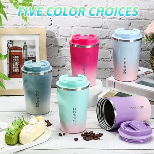 Honeydak 5 Pack Travel Coffee Mugs 12oz Insulated Coffee Cup with Lid Stainless Steel Vacuum Gradient Colorful Tumbler Reusable Leakproof Travel Cups for Hot & Cold Drinks — view 3