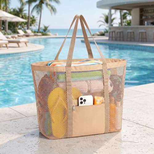 Wrbugukeji Mesh Beach Bag, Stylish Beach Tote for Swimming(Brown) — view 2