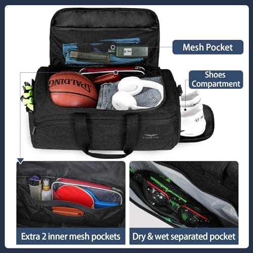 FIORETTO 35L Mens Sports Gym Bag with Wet Pocket & Shoe Compartment,Travel Duffle Overnight Bag with Padded Shoulder Strap, Water-Resistant Sports Holdall for Swimming, Basketball Black — view 5