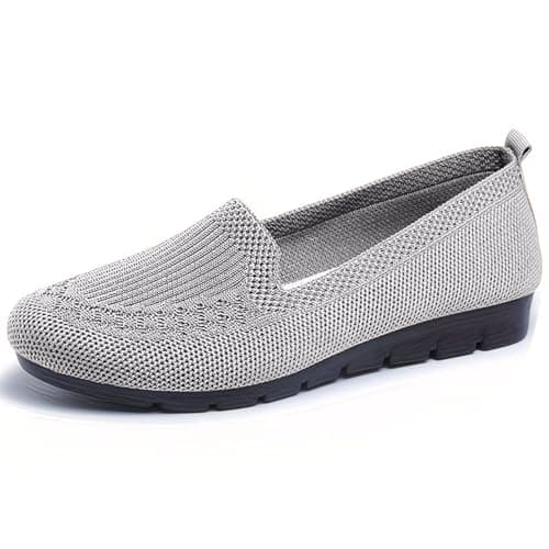 Boat Shoes Women Wide Fit Knitted Mesh Slip-On Flats Solid Color Breathable Low-Cut Casual Loafers with Soft Non-Slip Soles Lightweight Comfortable Walking Shoes for Everyday Wear Office Travel Grey — view 5