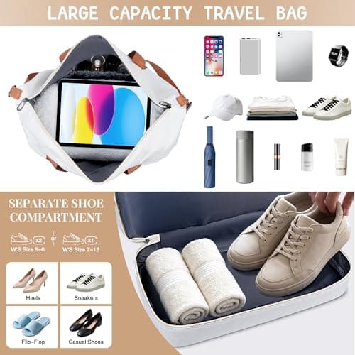 Travel Duffel Bag, Foldable Waterproof Overnight Holdall Bag, Carry On Luggage Weekend Bag with Wet and Dry Separation, Hospital Sports Gym Tote for Women and Men (White) — view 3