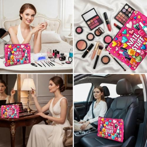 1PCS Nail Polish Organiser Bag Canvas Large Capacity 9x7in Portable Storage Case for Women Girls Manicurist DIY Travel Nail Accessories (Hot Pink) — view 5