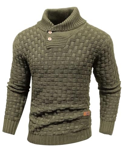 Qinfren Men's Jumpers Tops Stand Collar Buttons Twisted Knitted Green