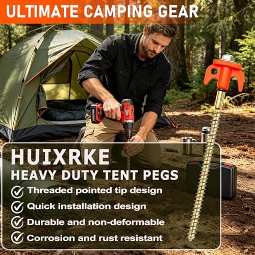 HUIXRKE Tent Pegs Metal Heavy Duty 20cm X 20 Pack - Awning Pegs with Carry Case - Screw In Tent Pegs with Drill Adapter - Rock Pegs for Hard Standing Camping - Galvanised Steel — view 5