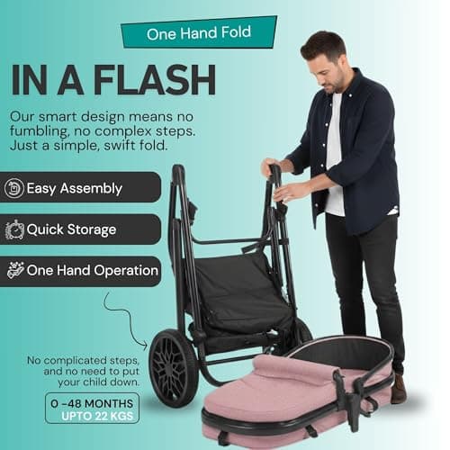 Lejoux™ Avant Baby Pushchair Travel System – Larger Foldable Stroller with Carrycot, 5-Point Harness, Adjustable Seat, Oversized Basket & One-Hand Fold – Swivel Wheels & Rain Cover Included (Pink) — view 5