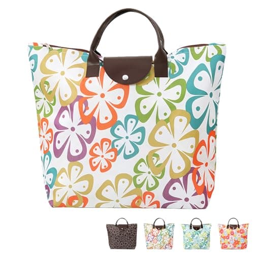 HUANYO Foldable Zipper Tote Bag for Women - Waterproof Reusable Shopping Bag, Portable Travel Beach Gym Bag with Pocket, Compact Foldable Handbag for Shopping, Travel, Holiday, Pool (colorful)