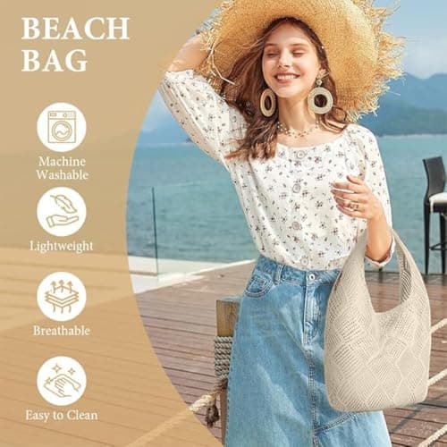 Aucuu Women Knitted Handbags, Retro Hollow Woven Shoulder Bags, Boho Shoulder Bag, Crochet Mesh Tote Bag, Beach Bag for Women, Travel Shopping Handbag for Holiday, Daily Work, Shopping, Travel — view 6