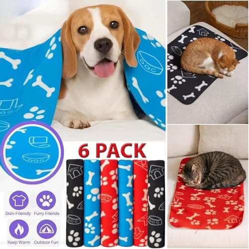 True Face 6 Pack Pet Blanket for Dogs & Cats, Thin Soft Washable Fleece Throw 100% Polyester Paw Print Design Ideal for Sofa, Bed, Crate, Travel Black/Blue/Red 55 x 80cm — view 2