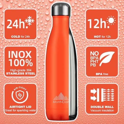 Mont-Clair Stainless Steel Water Bottle, Vacuum Insulated - BPA Free, 12h Hot & 24h Cold Drinks, Metal Water Bottle 500ml Leakproof, Ideal for Adult, Kids, Running - Orange — view 2