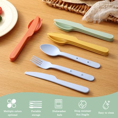 Kyraton Travel Utensils Set for 8, Reusable Plastic Spoons Forks Knives Snapped Together for Portable & Space-Saving Design Cutlery Silverware for Travel, Picnic, Camping, Work, Lunch Boxes — view 5