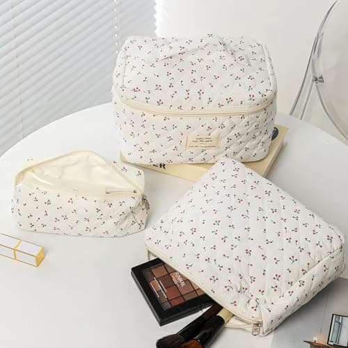 Aucuu 3PCS Coquette Makeup Bag, Quilted Makeup Bag for Women, Floral Cotton Cosmetic Bag Set, Large Capacity Aesthetic Floral Toiletry Bag, Travel Toiletry Bag, Wash Organizer Pouch for Women Girls — view 4