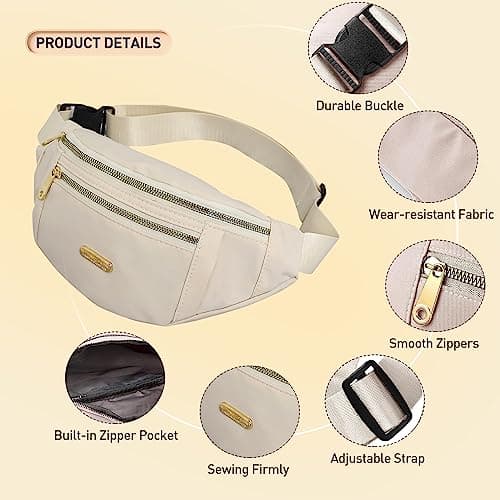 Yoolly Bum Bag for Women Men, Fashion Fanny Pack with 3 Zipper Pockets & Adjustable Strap, Lightweight Waist Bags for Travel, Running, Cycling, Hiking (Beige) — view 3