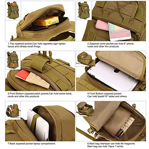 HUNTVP Tactical Backpack 40L, Military Backpack Molle Rucking Rucksack Large Rucksacks Pack Army Brown Bag for Men Women Camping Hiking Fishing Hunting Travelling Trekking — view 3