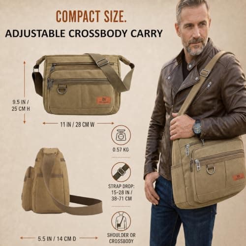 W&G traveler Crossbody Messenger Bag Rfid Blocking, 13 inch Laptop Shoulder Bag, Casual Satchel Bag w/Water Bottle Holders, Built-in Wallet & Phone Pouch, Water Resistant, Khaki — view 2
