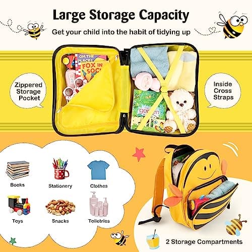 Maxmass 2 PCS Kids Luggage Set, 12" & 18" Children Ride on Suitcase and Backpack with Adjustable Handle, Anti-Lose Rope, Girls Boys Hard Shell Trolley Case for School Travel (Yellow Bee) — view 2