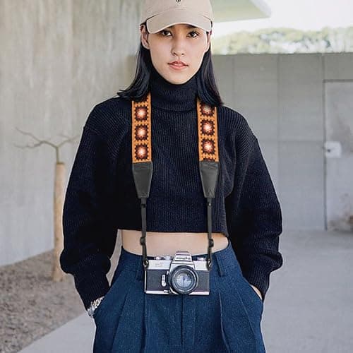 Padwa Lifestyle Yellow Crochet Camera Strap - 2" Full Grain Leather Ends Camera Straps for Photographers, Vintage Embroidered Cotton Soft Suede Fabric Padded Strap with Quick Release fits All Cameras — view 5