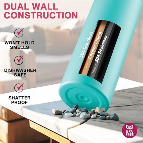 GARUET 950 ML Triple Walled, Insulated Water Bottles with Straw - Stainless Steel Metal Bottle W/ 3 Leak Proof Lids - For Travel, School, Sports, Gym/Men, Women & Kids (Cheery Turquoise) — view 5