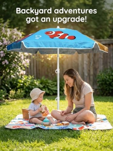 LOTTAFUN Kid 5ft Beach Umbrella Diameter 0.99-1.2 inches Pole UV 50+ Portable Sun Shade with Sand Anchor & Carry Bag, Outdoor Folding Umbrella for Beach,Pool,Patio,Garden (Fish) NO Tilt The sand needs — view 4