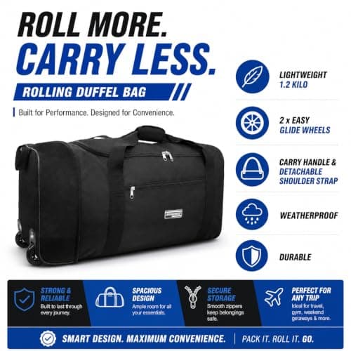 Large Holdall with Wheels, 82L Wheeled Duffle Bag, Black Rolling Travel Bag, Soft Luggage with Zipped Pockets for Holidays, Weekend Trips, Sports, Gym & Overnight Travel — view 6
