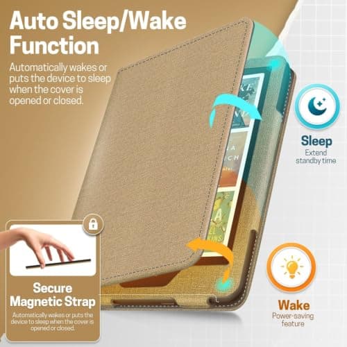 TNP Stand Case with Strap for Kindle Paperwhite 12th Gen 2024 / Kindle Colorsoft Signature Edition - 7" PU Leather Protective Folio Cover with Auto Wake/Sleep & Card Slot, Gold — view 4