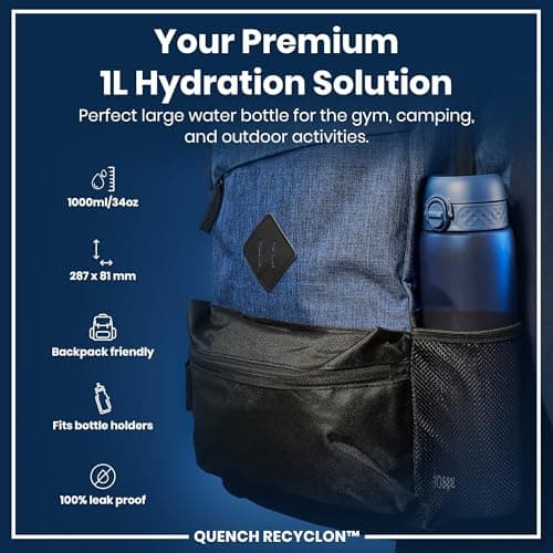 ION8 1 Litre Water Bottle, Leak Proof, Flip Lid, Carry Handle, Rapid Hydration, Dishwasher Safe, BPA Free, Contoured Grip, Ideal for Travel, Gym & Activity, Carbon Neutral Recyclon, 32 oz, Navy Blue — view 2