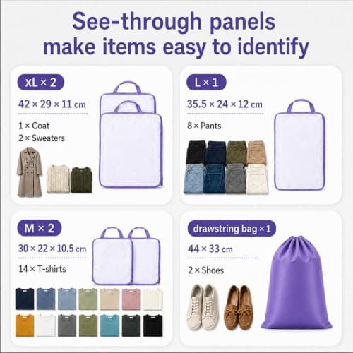 Travel Compression Packing Cubes – 6 Set Recycled Ripstop Nylon Suitcase Organiser, Space Saving Expandable Luggage Cubes with Shoes Bag, Zippers, Tear Resistant (purple, 6) — view 4