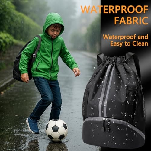 YANJINGSHE 35L Waterproof Drawstring Bag - Sports & Swimming Backpack with Shoe Compartment & Wet/Dry Pockets and mesh Water Bottle Pocket for Gym, Football & PE Kit (Black) — view 6