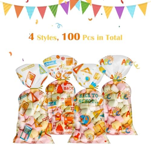 100Pcs Back to School Goodie Bags Candy Treat Bags Clear Bulk with Gold Twist Tie Back to School Party Favor Decorations for Cookie Candy Packing Supplies — view 6