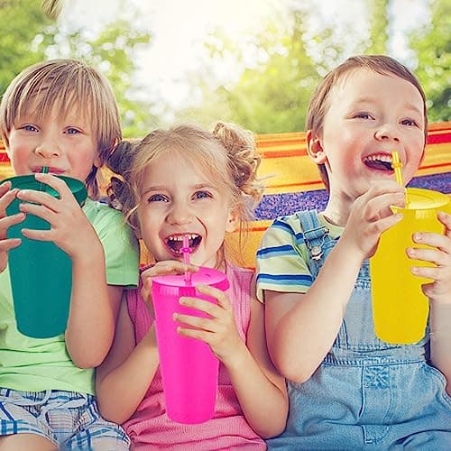 Pack of 5 Drinking Cups with Straw and Lid - 24 oz Plastic Cups Smoothie Coffee Mug To Go Travel Mug Cup for Children Adults Reusable Plastic Cups — view 5