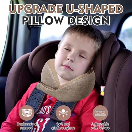 Travel Pillow for Kids, Soft Kid Neck Support Pillow Traveling Memory Foam Airplane Pillow with Sleep Mask, 360° Fit & Support U-Shaped Pillow for Kids Boys Girls Teens to Rest on Long Flights (Khaki) — view 5