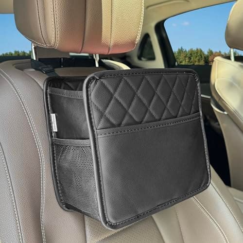 Noaman PU Leather Car Seat Storage Organizer with 3 Pockets Backseat Car Organiser for Kids 2 in 1 Car Trash Bin Bag Can 8 Liters Large Capacity Multifunction Car Essentials interior Accessories Black