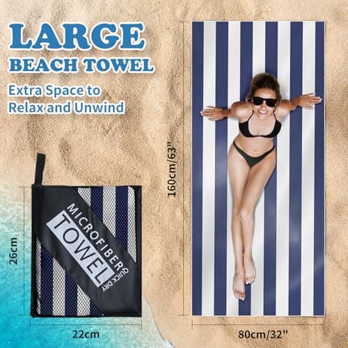 160 x 80 cm Microfibre Towel - Large Size Quick Drying Microfibre Beach Towels for adults, Sand-Free, Absorbentextra large Beach Towels for adults - Includes Storage Bag (Deep Blue and Pink Stripes) — view 2