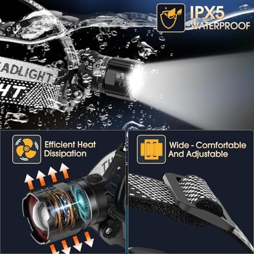 AdamStar Head Torch Rechargeable, 2 Pack Professional Headlamp, 120000LM Super Bright LED Headlight with Red Warning Light 5 Modes, 90° Adjustable Motion Sensor, Zoomable for Camping, Hiking Fishing — view 6