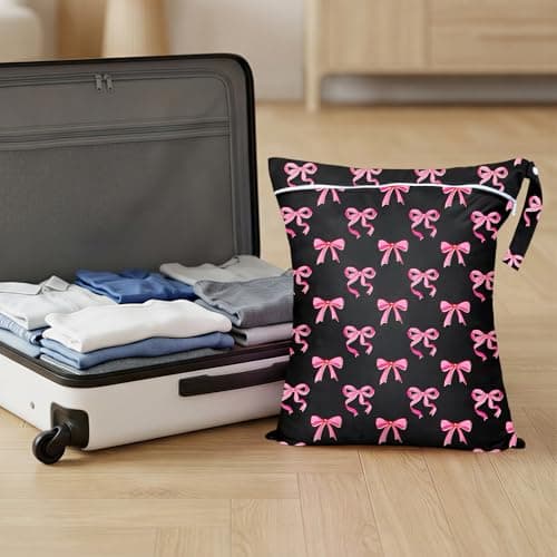 2PC Travel Laundry Bags, 55X45CM Large Waterproof Laundry Bags with Side Handles & Zippers, Dirty Clothes Organiser for Travel & Home Use (Pink Bows on Black Background) — view 2