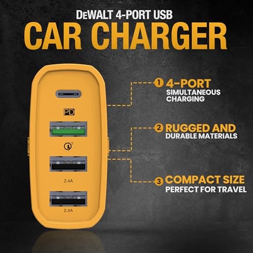 DEWALT Heavy Duty 4 Port USB C Car Charger Multiport, Fast 60W USB Cigarette Lighter Adapter, PD Type C Multi Car Phone Charger, Cell Phone Automobile Chargers Compatible w/iPhone 16/15, Samsung — view 2
