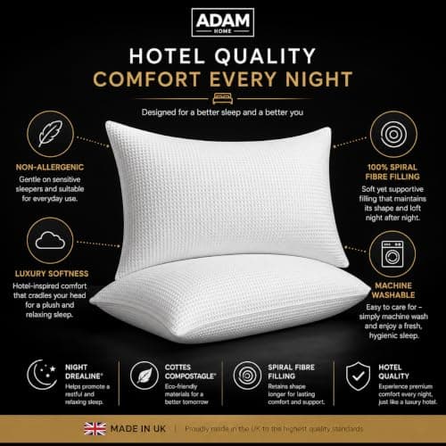 Adam Home Premium Pillows 4 Pack Hotel Quality with Breathable Cover – Bouncy Side Sleeper Pillow for Neck and Shoulder Pain – Quick Rebound & Dust Proof Hotel Pillows, Made in UK, (48x74 cm) — view 2