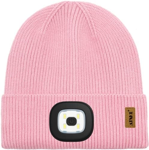ATNKE Kids LED Lighted Beanie Cap,USB Rechargeable 4 LED Ultra Bright Running Headlamp Hands Free Head Torch Winter Warm Knitted Hat with Lined Fleece Gifts for Boys and Girls/Pink — view 2