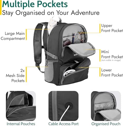 Trail Foldable Backpack, Lightweight Packable Rucksack, 20L, Black — view 3