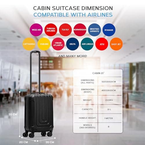 Flight Knight Premium Hard Shell Lightweight Cabin Suitcase - 8 Spinner Wheels - Built-in TSA Lock & USB Port - Luggage Approved for Over 100 Airlines Including easyJet, Ryanair & Jet2-55x35x20cm — view 3