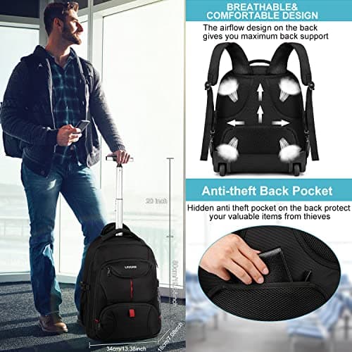 LIGSAN Travel Backpack with Wheels, 17inch Wheeled for Men Women Rolling Laptop Bags on Wheels Waterproof Rucksack Cabin Bag Trolley Suitcase Business College School Bag, Black — view 5