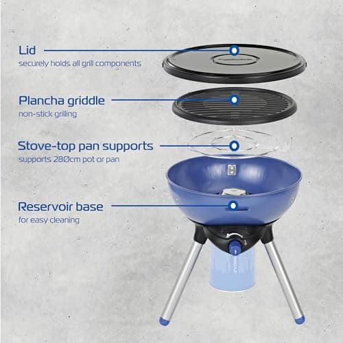 Campingaz Party Grill 200 CV, portable camping BBQ with various cooking options, gas camping stove and BBQ in one, with non-stick grilling plate and pan support, Blue — view 2