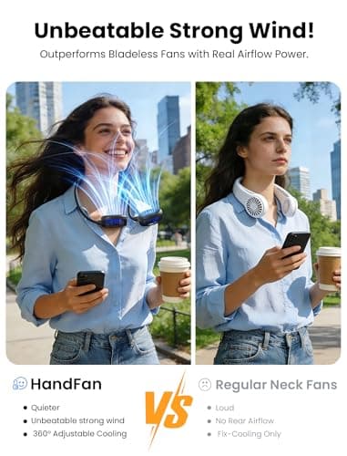 HandFan 10000mAh Neck Fan, 360° Rotation Hands Free Portable Fans for your Neck, 48h Lasting Rechargeable Battery Operated Wearable Necklace Personal Cool Fans for Travel/Disney/Sports/Cycling/Hiking — view 2