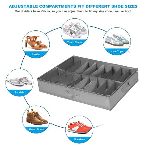 Under Bed Shoe Storage Organiser Set of 2, Fits 32 Pairs Total, Underbed Shoe Box/ Containers w/ Reinforced Handles, Clear Foldable Organiser Adjustable Dividers w/ Bottom Support Velcro — view 3