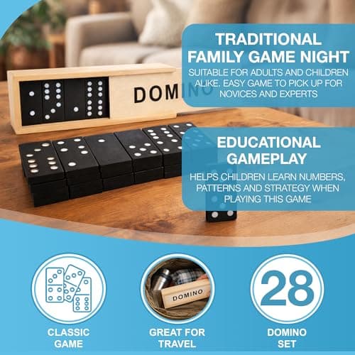D.A.Y. Republic 28pc Double Six Classic Retro Domino Game, Traditional Set in Wooden Case, Educational Travel Sized Toy (Dominoes in Wood Box) — view 3
